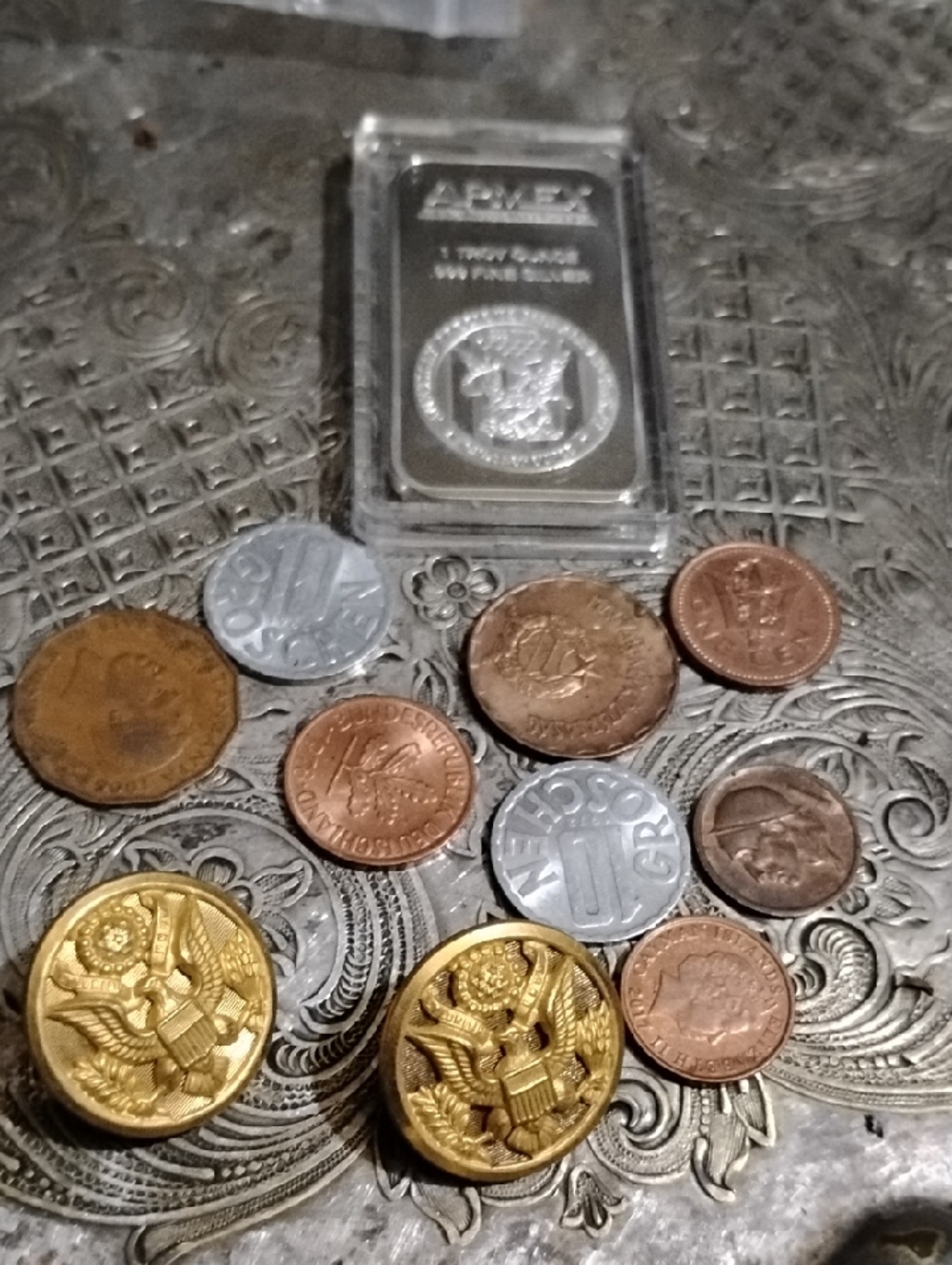 Vintage Mixed Coins and Military Buttons - Gold & Silver Tones